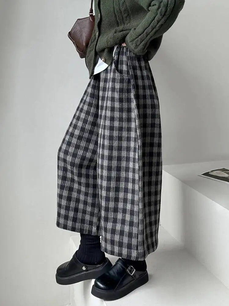 EAM Plaid High Elastic Waist Wide Leg Ankle Length Vintage Pants New Trousers Women Fashion Tide Autumn 2026 30A4051