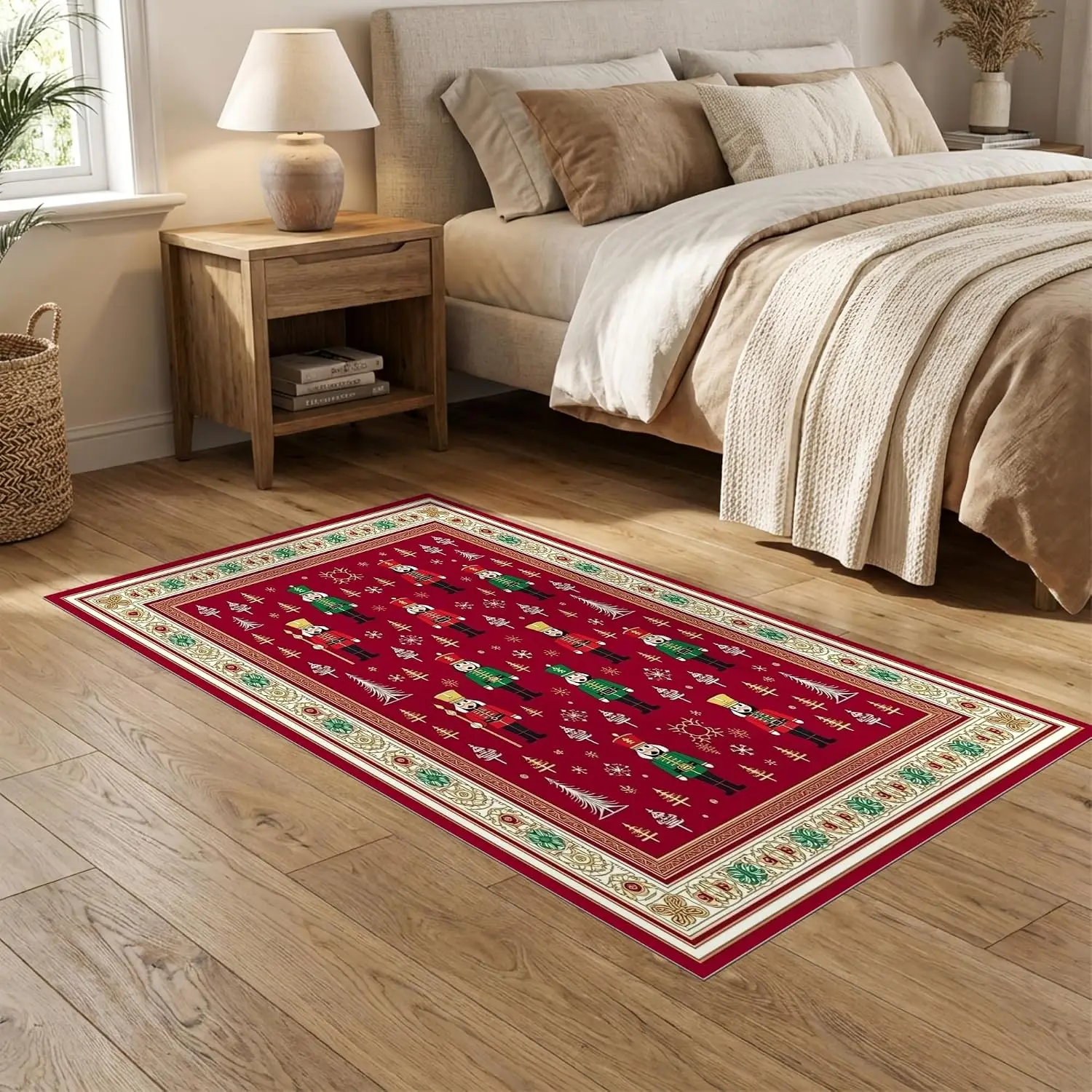 Large 6x9 Red Burgundy Nutcracker Christmas Area Rug Vintage Festive Ornate Border Washable Indoor Carpet Home Decor for Bedroom