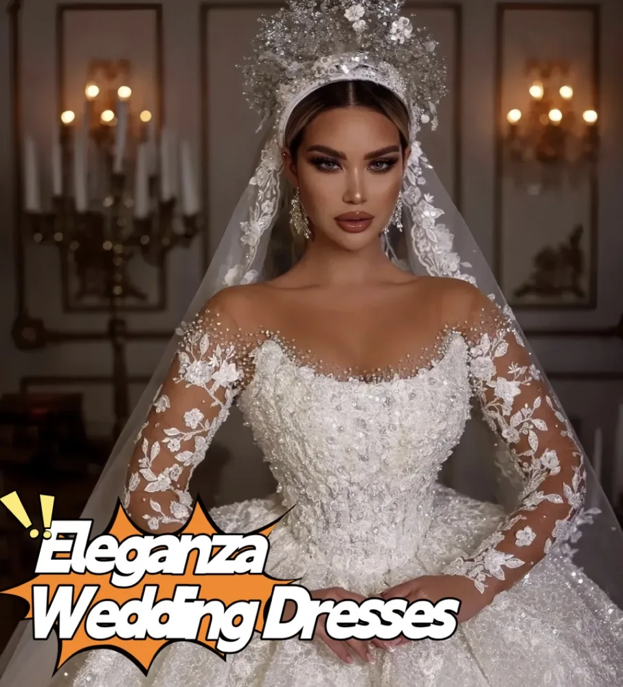 فساتين زفاف أنيقة مخصصة بأكمام طويلة وخرز ترتر ورقبة شفافة مزينة بريق تول فساتين العروس