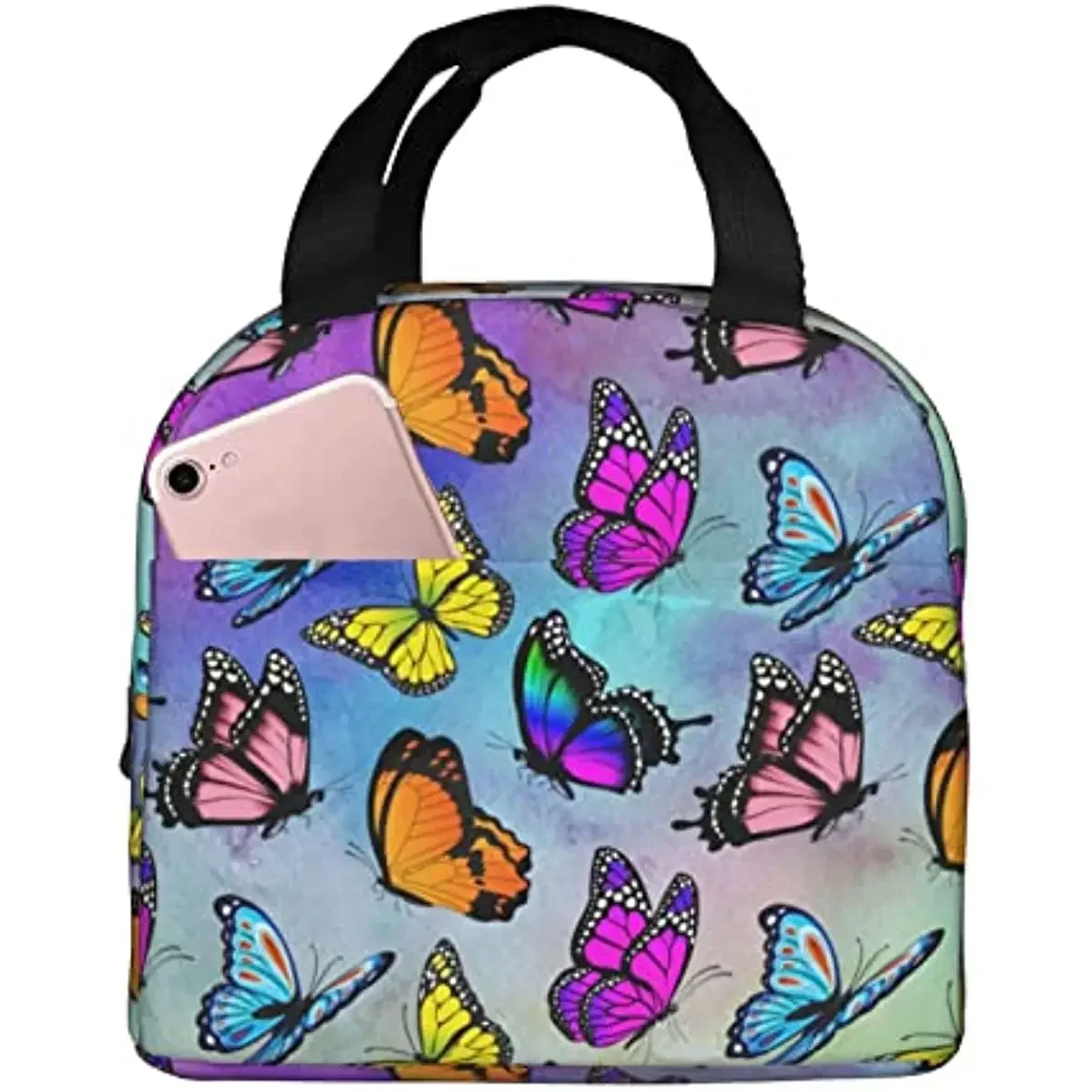 Pink Colorful Butterfly Insulated Lunch Bag Portable Lunch Bags for Girls Women Reusable Leakproof Lunch Box Picnic Travel Work