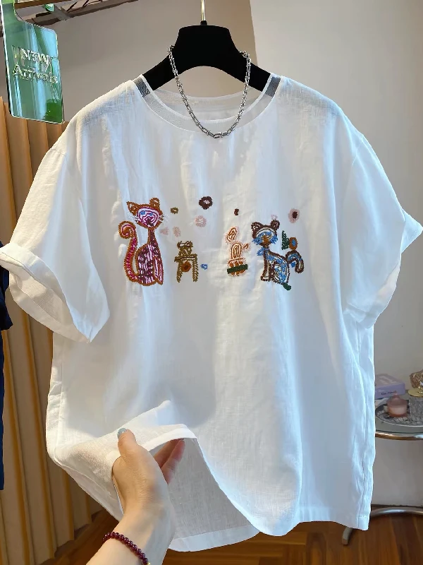 

plus Size Women's Short Sleeve T-Shirt Embroidered Loose Fit Lightweight Breathable Cartoon Summer Top Casual Style Cotton