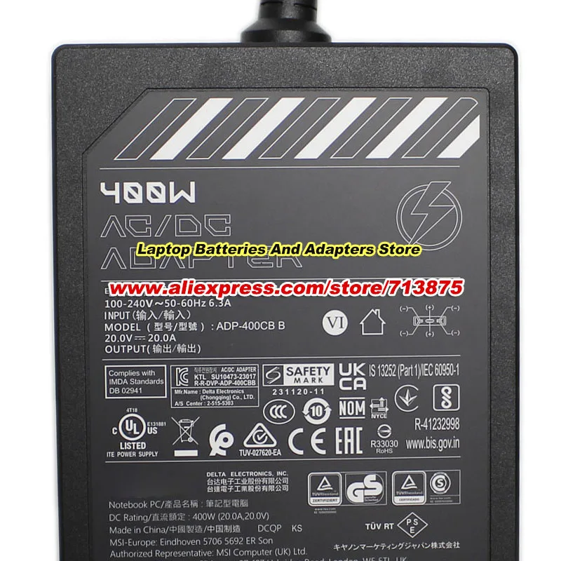 New Genuine 100% ADP-400CB B AC Adapter 20V 20A 400W for MSI Titan 18 HX A14VIG i9-14900HXRTX4090 A14VIG-053AU CREATOR PRO X18