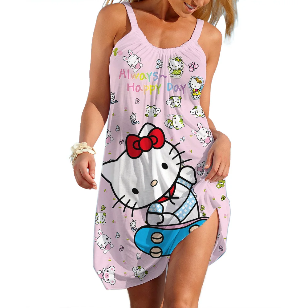 Eleganckie sukienki dla kobiet Cartoon Casual damska sukienka Hello Kitty letnie młodzieńcze dziewczyny seksowne ubrania bluzki z kreskówek chusta