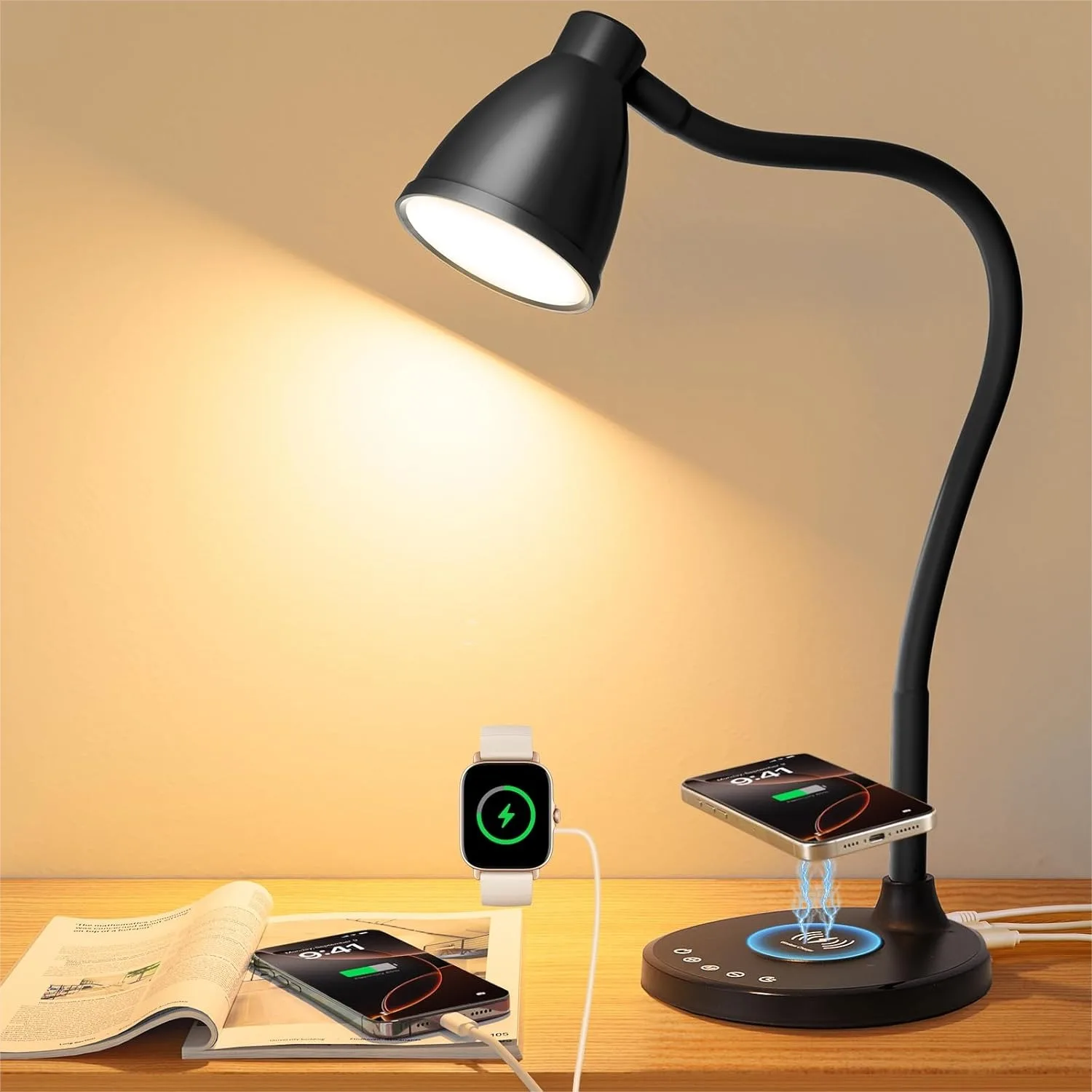 

Desk Lamp for Home Office, LED Desk Light with USB C+A Charging Ports, Wireless Charger, 5 Colors Stepless Dimming, Touch
