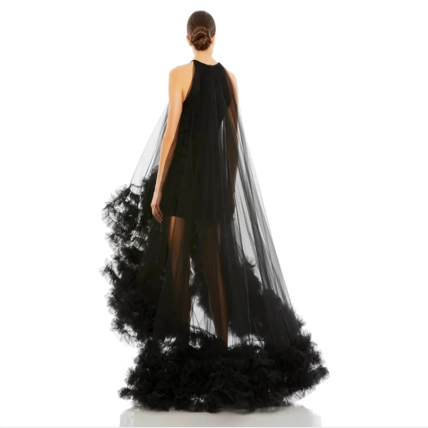 New Trendy Prom Dresses Ruffled Off the Shoulder Black Long Prom Gowns Asymmetrical Women Formal Dress Tulle Floor Length