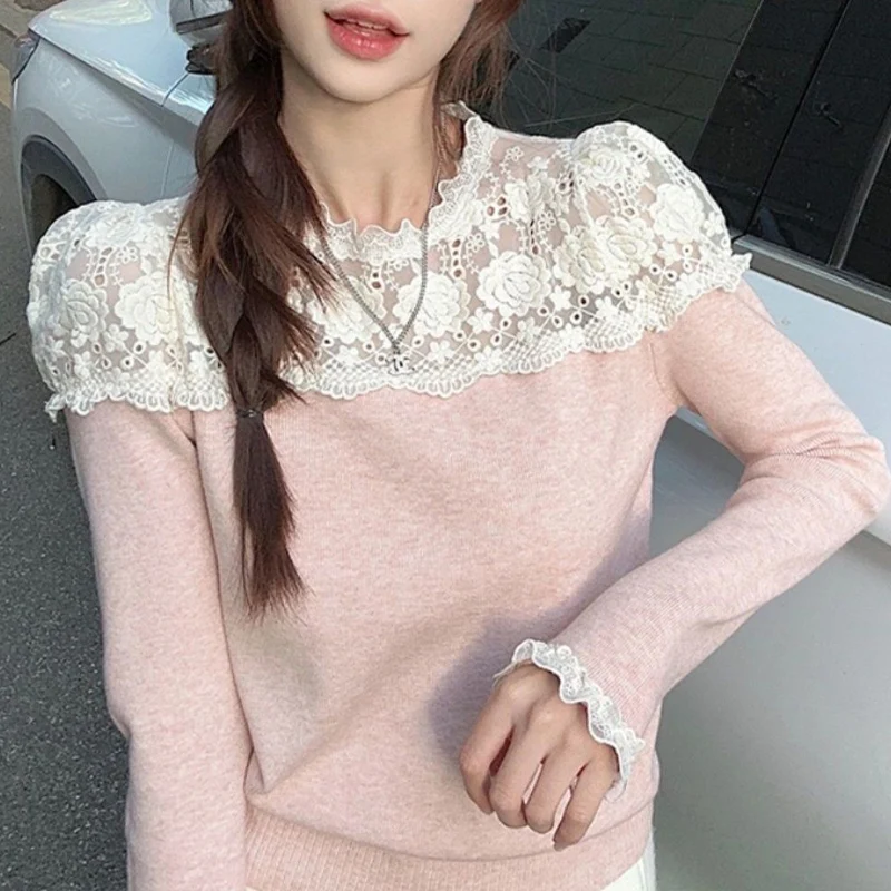 Spring Autumn New Round Neck Long Sleeve Fashion Sweater Women High Street Lace Patchwork Pullovers Vintage Elegant Chic Tops