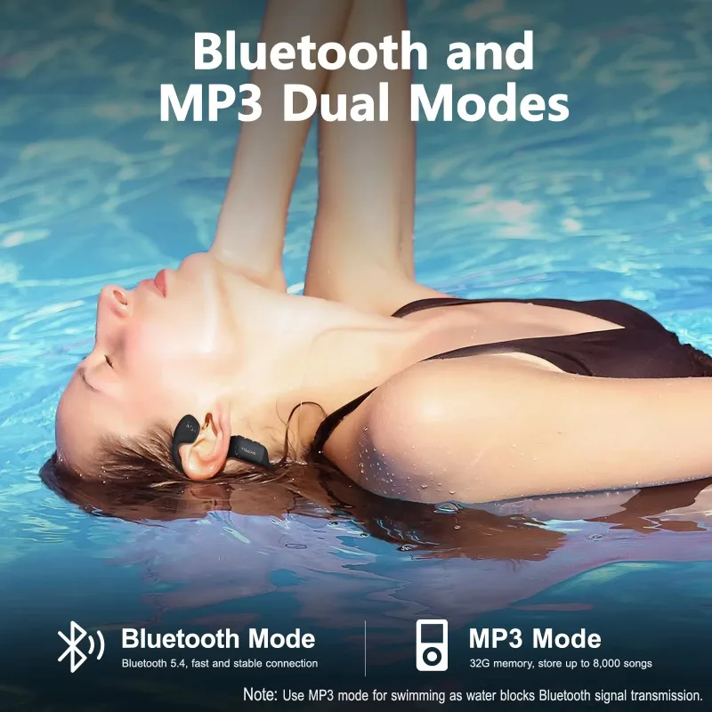 Swimming Ear Hanging Headphones IPX-8 Waterproof Bone Conduction Underwater LED