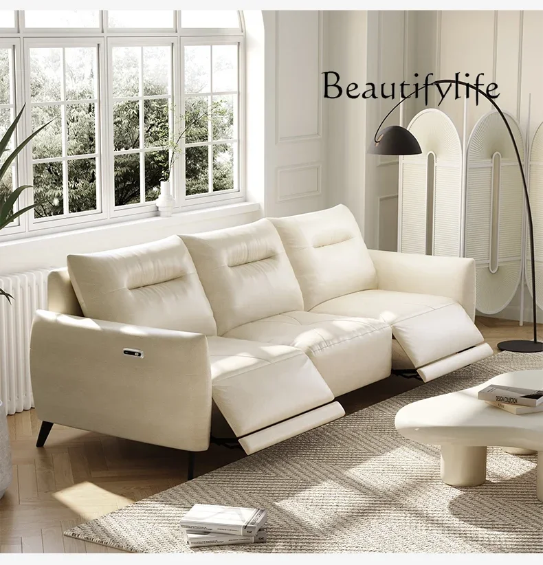 Electric sofa leather first layer cowhide living room modern cream wind multi-functional leather art three people
