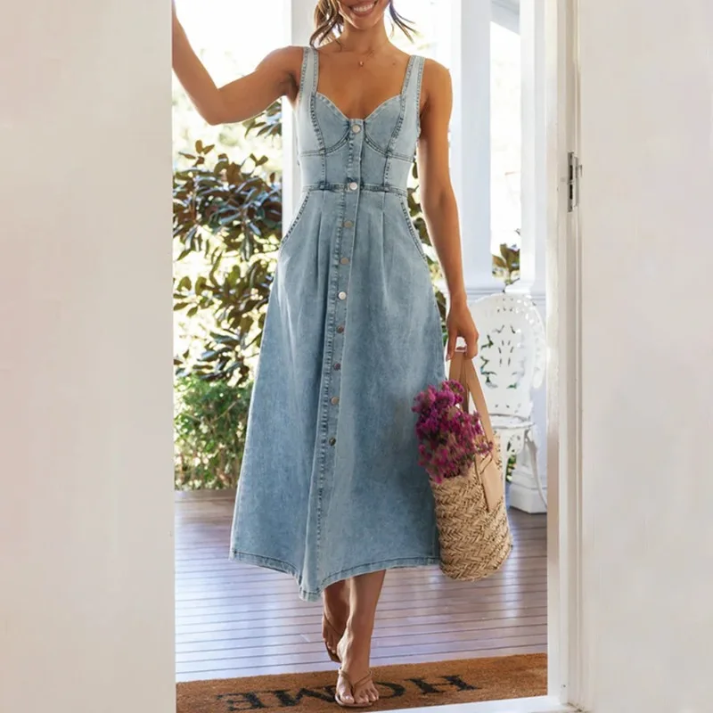 

Women's Worn Casual Buttonned A-line Denim Dress Street Trendsetters Summer New Fashion Women Clothes Blue Elegant Sling Dresses