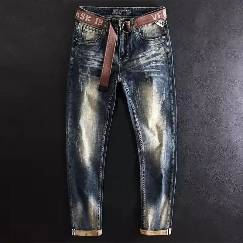 

Fashion Designer Men Jeans Retro Washed Blue Stretch Slim Fit Ripped Jeans Men Classical Trendy Trousers Vintage Denim Pants