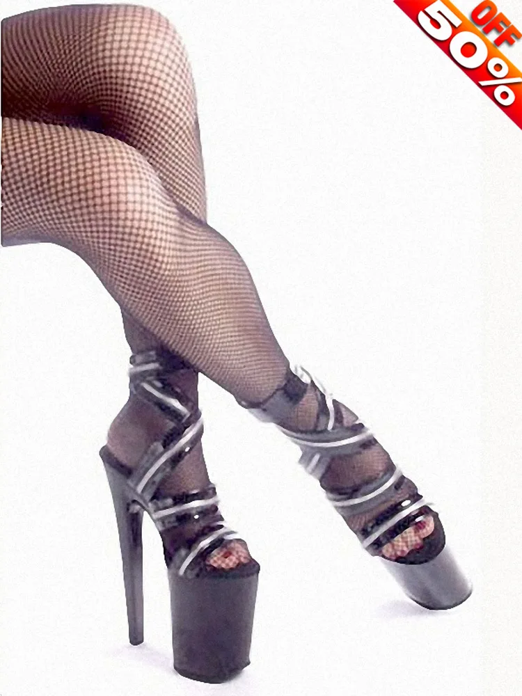 Roman Elegant Patent Leather Black Sandals 8-Inch Open Toe Pole Dance Sexy Fetish Party Props Crossdress Models 20CM