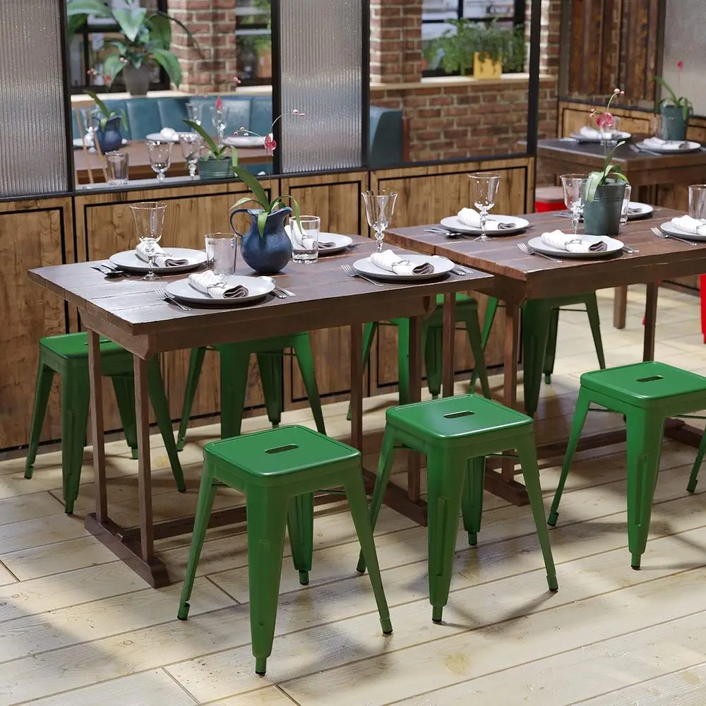 

Green Metal Back Stacking Dining Stools Set of 4 with Under Seat Support, 18 Table Height