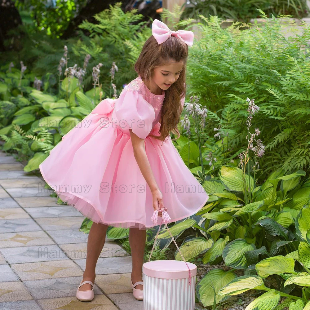 Bonito vestido rosa de flores para niña, vestido de princesa de manga corta con lentejuelas y cuello redondo, vestido de fiesta de cumpleaños personalizado, vestidos de primera comunión