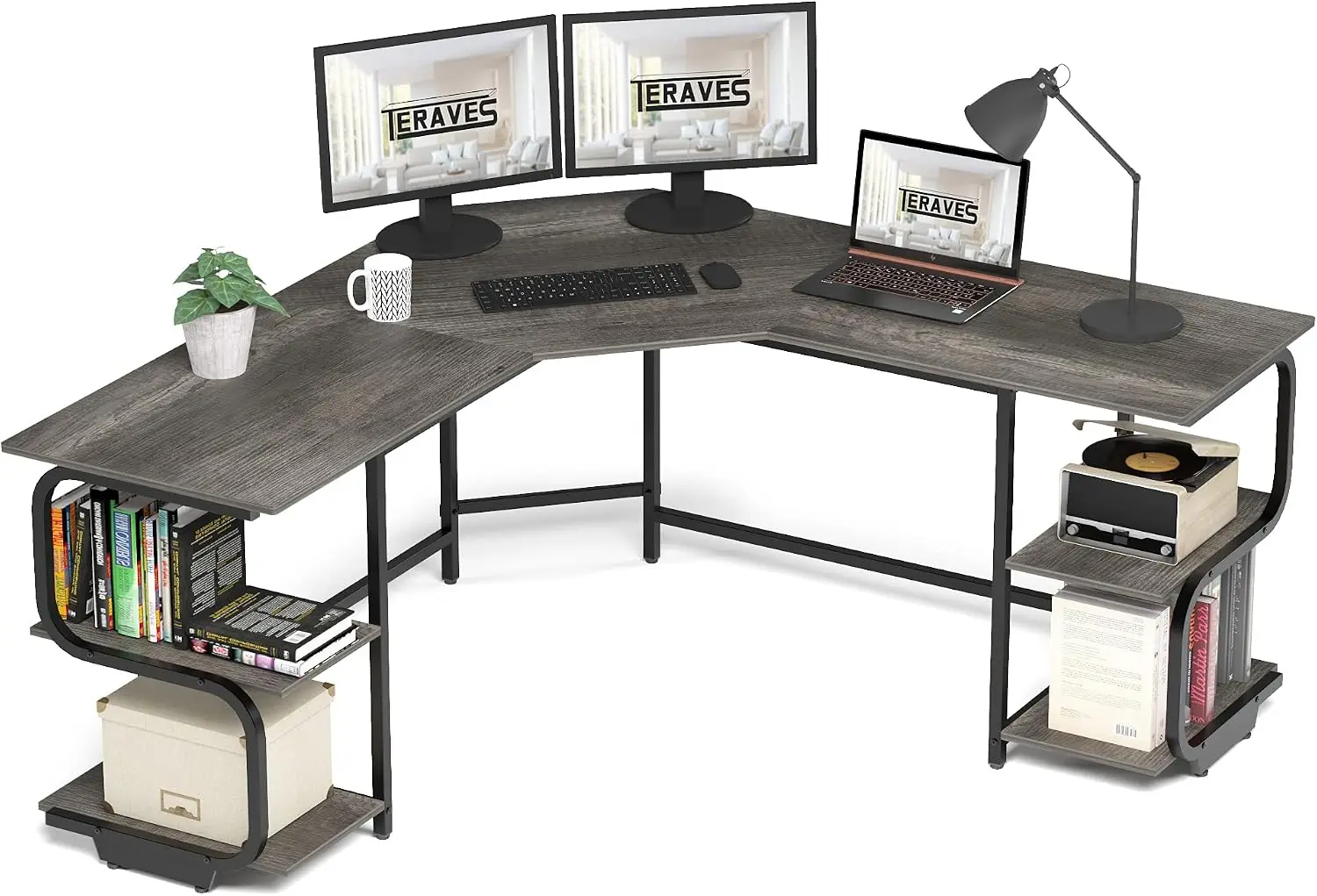 Large L Shaped Gaming Desk 6484 Inch Corner Home Office Computer Black Oak Black Frame 4 Tier Open Shelves Spacious Desktop