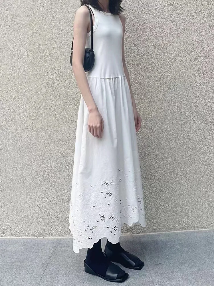 

Wide Shoulder Racerback Fit Vest Midi Dress for Women 2023 Spring New O-Neck Sleeveless Embroidery Hollow Out Dresses