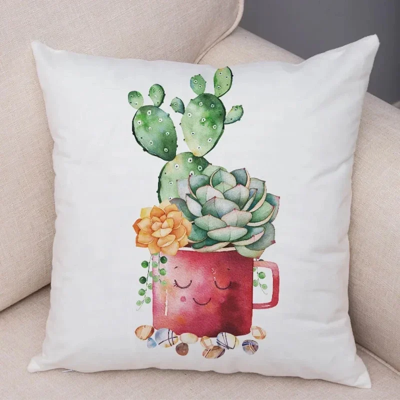 Watercolor Cactus Pillow Case Decor Print Green Plant Cushion Cover for Sofa Home Super Soft Peach Skin Pillowcase 45*45cm