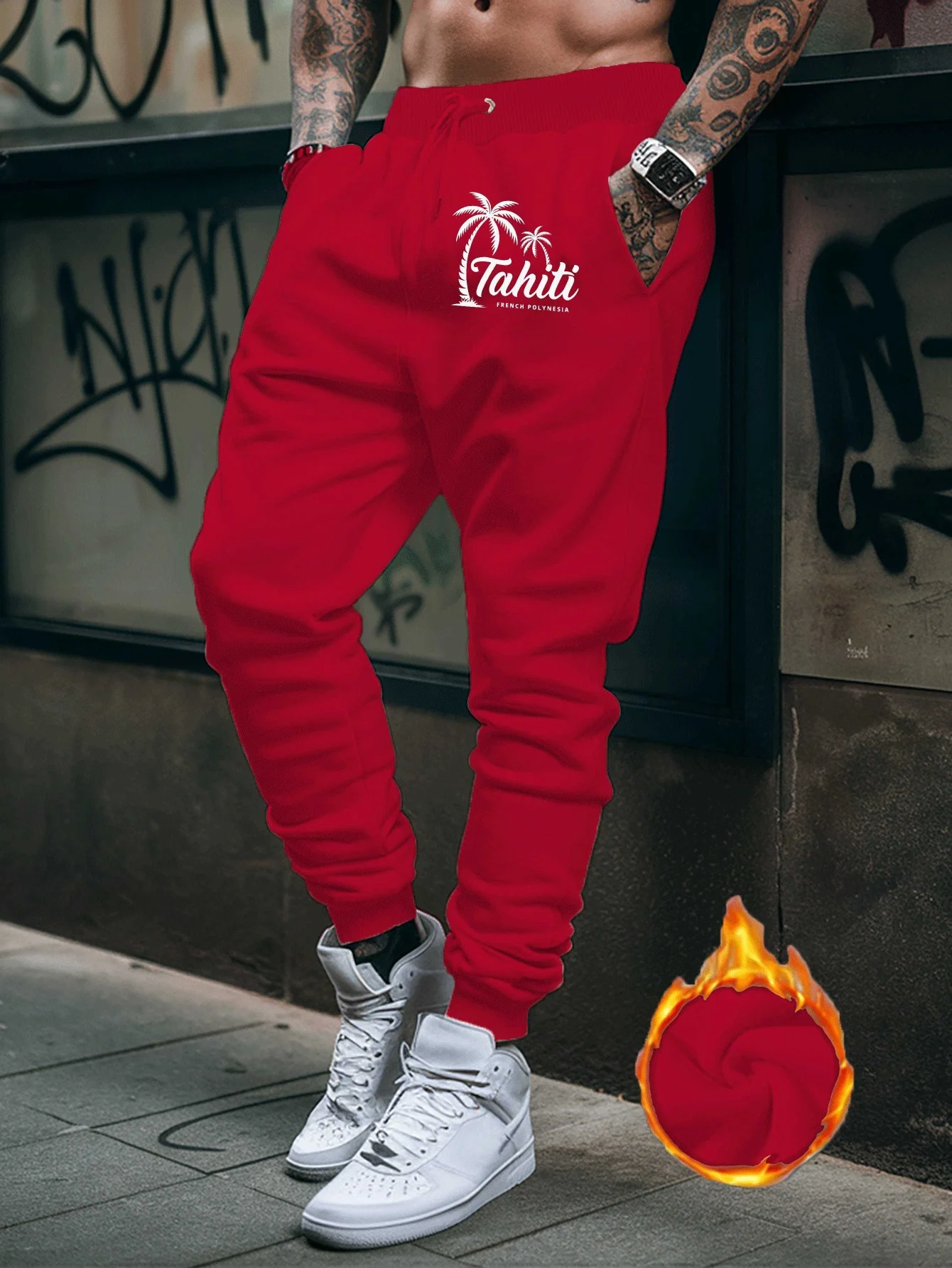 Beach‑vibe tahiti palm tree resort text graphic art print street‑style dual‑side sweatpants men hip hop sports jogger trousers