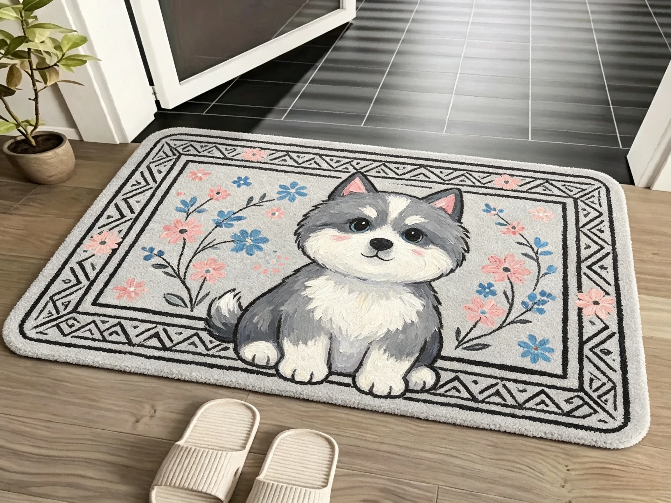 Cute Husky Puppy Area Rug Delicate Spring Floral Art Print Sweet Cartoon Pet Graphic Rug for Living Room Bedroom Home Space