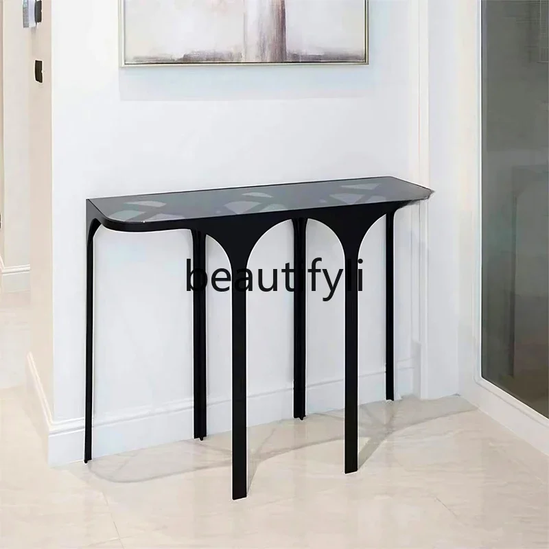 

Italian stainless steel entrance table light luxury high-end strip case villa living room facing the door entrance table