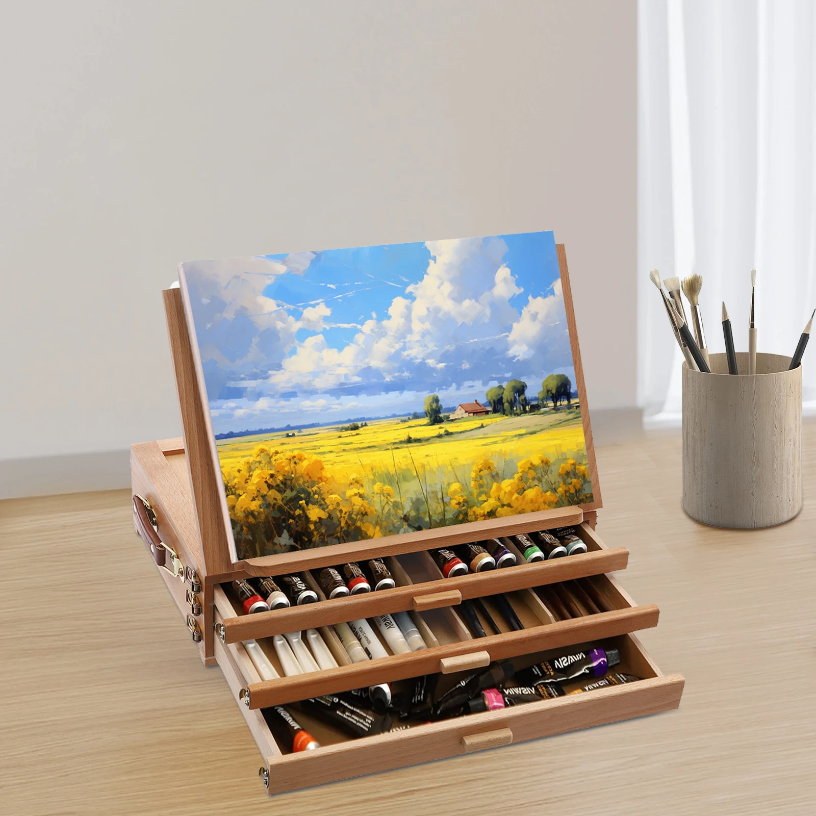 

Painting Board Stand with 3 Drawers, Wooden Storage Box Easel, Adjustable Tabletop Box Easel for Artists, Painters, Beginners