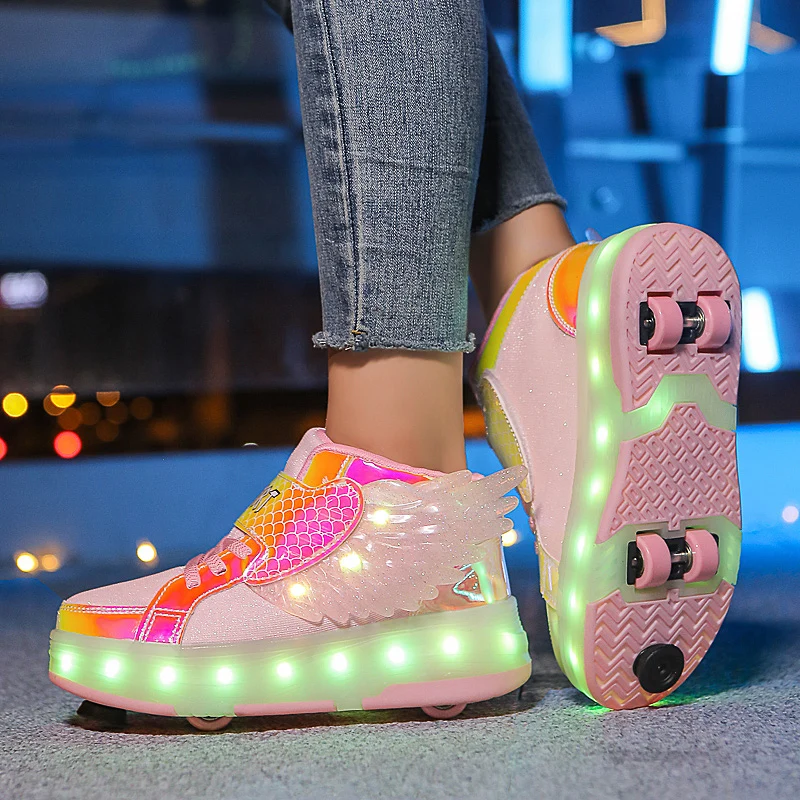 Children Sneakers Kid Sport Gym Footwear Roller Skates 4 Wheels USB Charge Illuminated Shoes Boys Girls Casual Skateboard Shoes