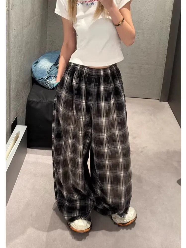 

Autumn 2025 High-End Lazy Sle Plaid Wide Leg Straight Casual Pants Loose Luxury Long Trousers Men Women Loose Fit Straight Leg