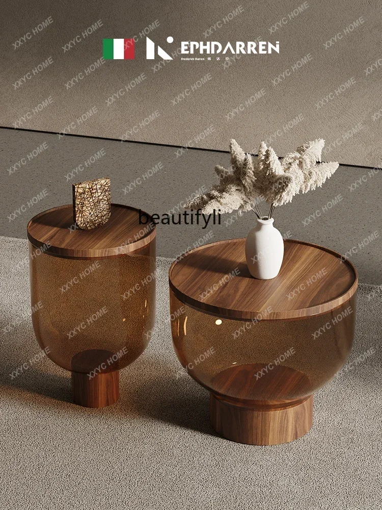 Table basse en verre design de luxe léger, combinaison de table à thé ronde simple et moderne