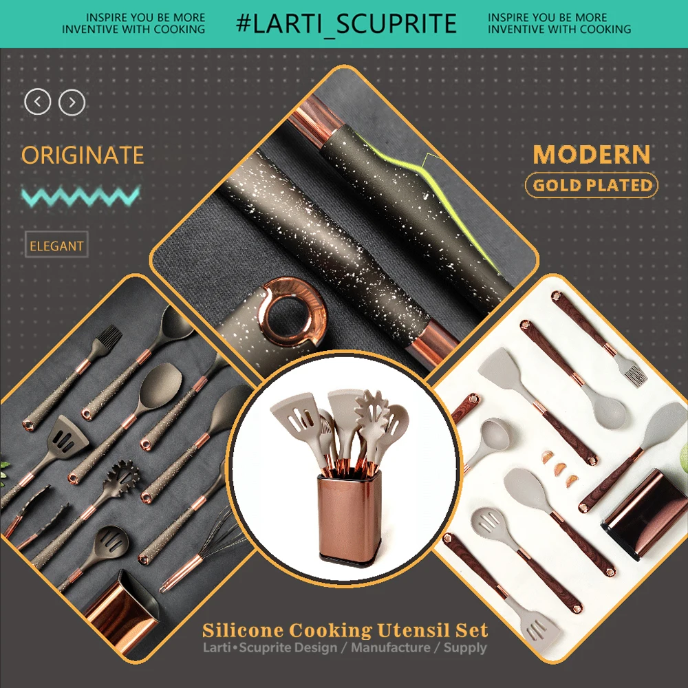 Good Quality Silicone Kitchen Utensils Set Rose Gold Plated Handle Cooking Tool Non-stick Heat Resistant Kitchenware Accessories