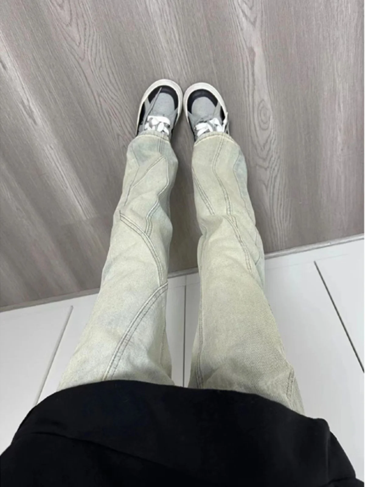 

American Retro High Street Men's Jeans Autumn Winter Design High Waist Long Pants Yellow Mud Denim Flared Trousers Youth Faion