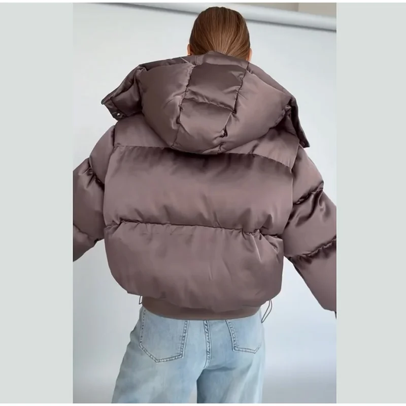  Fashion Solid Cropped Padded Coats Women Detachable Hood Zip Drawstring Hem Warm Jacket 2026 Winter New Lady Casual Outerwear