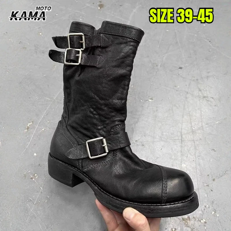 Retro Motorcycle Men's Boots Mid-Calf Knight American Engineer Boots Aged Large Head Boots Leather Splicing Botas Para Moto