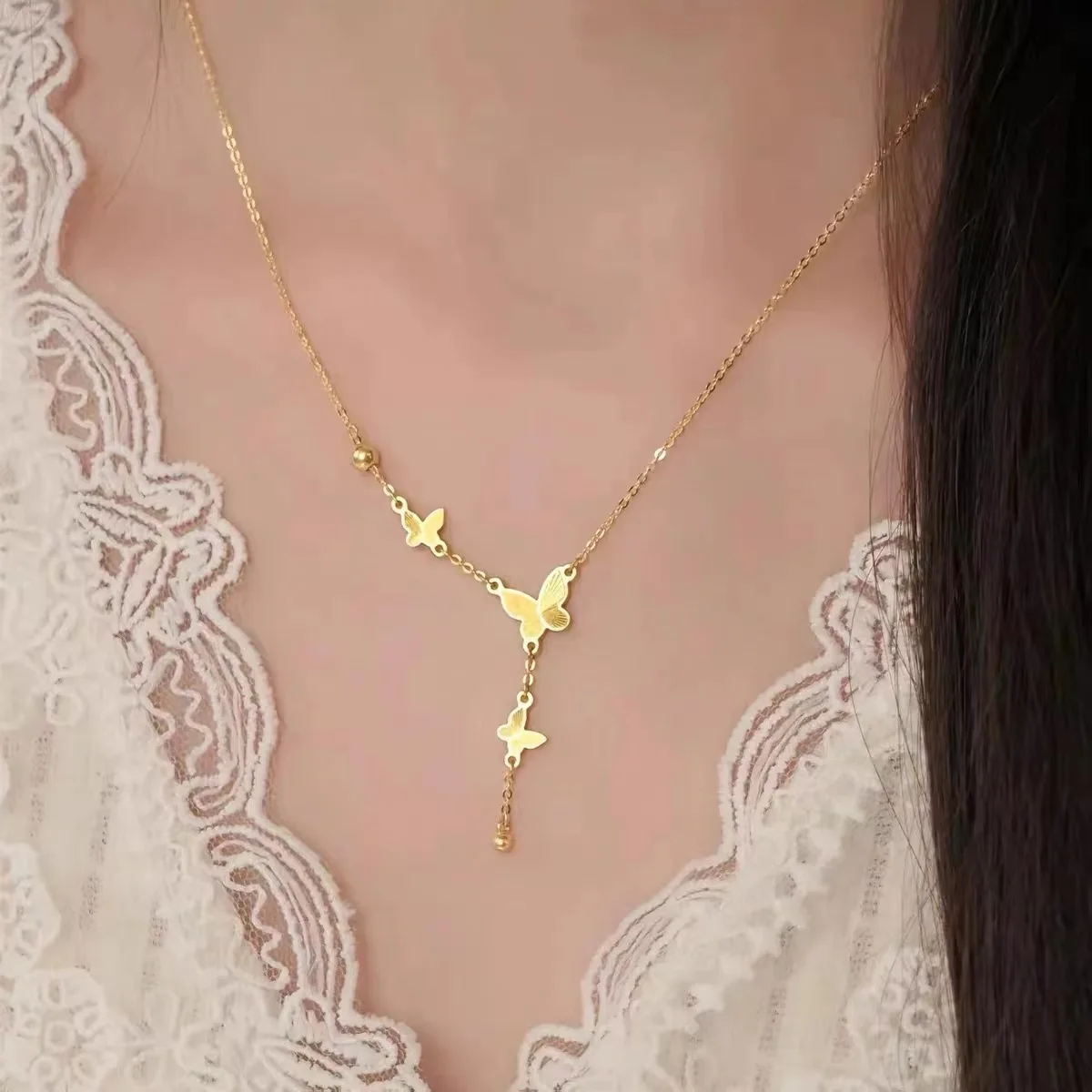 Stainless Steel Long Exquisite Butterfly Tassel Necklace Stain Less Metal Tarnish Resistant Attractive Charm Jewelry