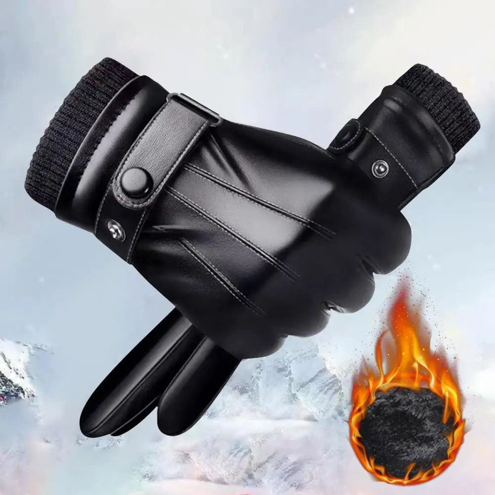 1 Pair Men Gloves Windproof Touch Screen Riding Gloves Full Finger Plush Lining Faux Leather Anti Skid Gloves for Outdoor