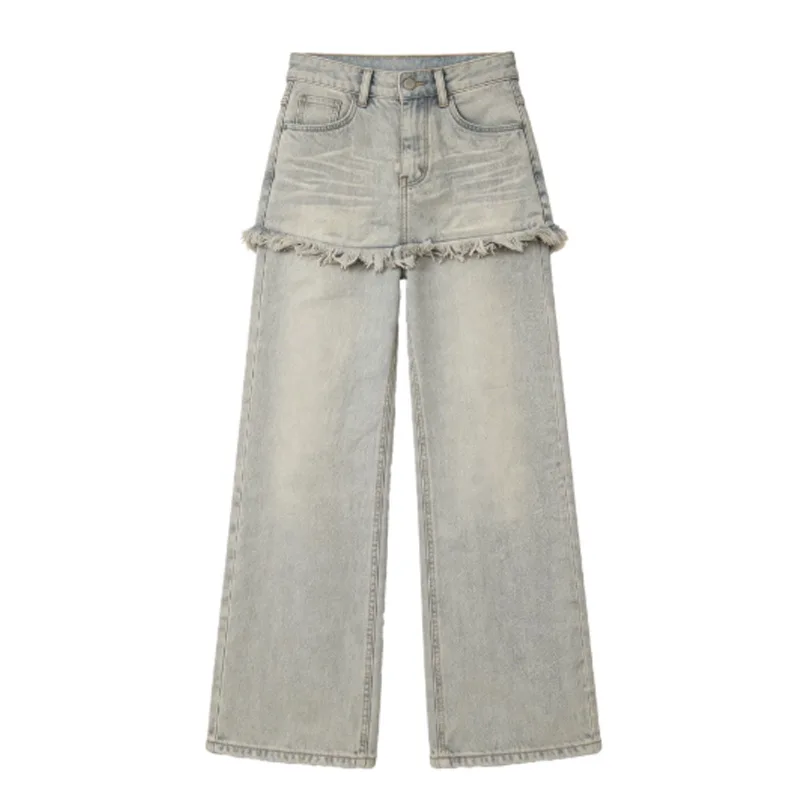 ANJY Spring Autumn New Women American Style Distressed Washed Fake Two-Piece Denim Pants Frayed Edge Slim Patchwork Jeans A23428