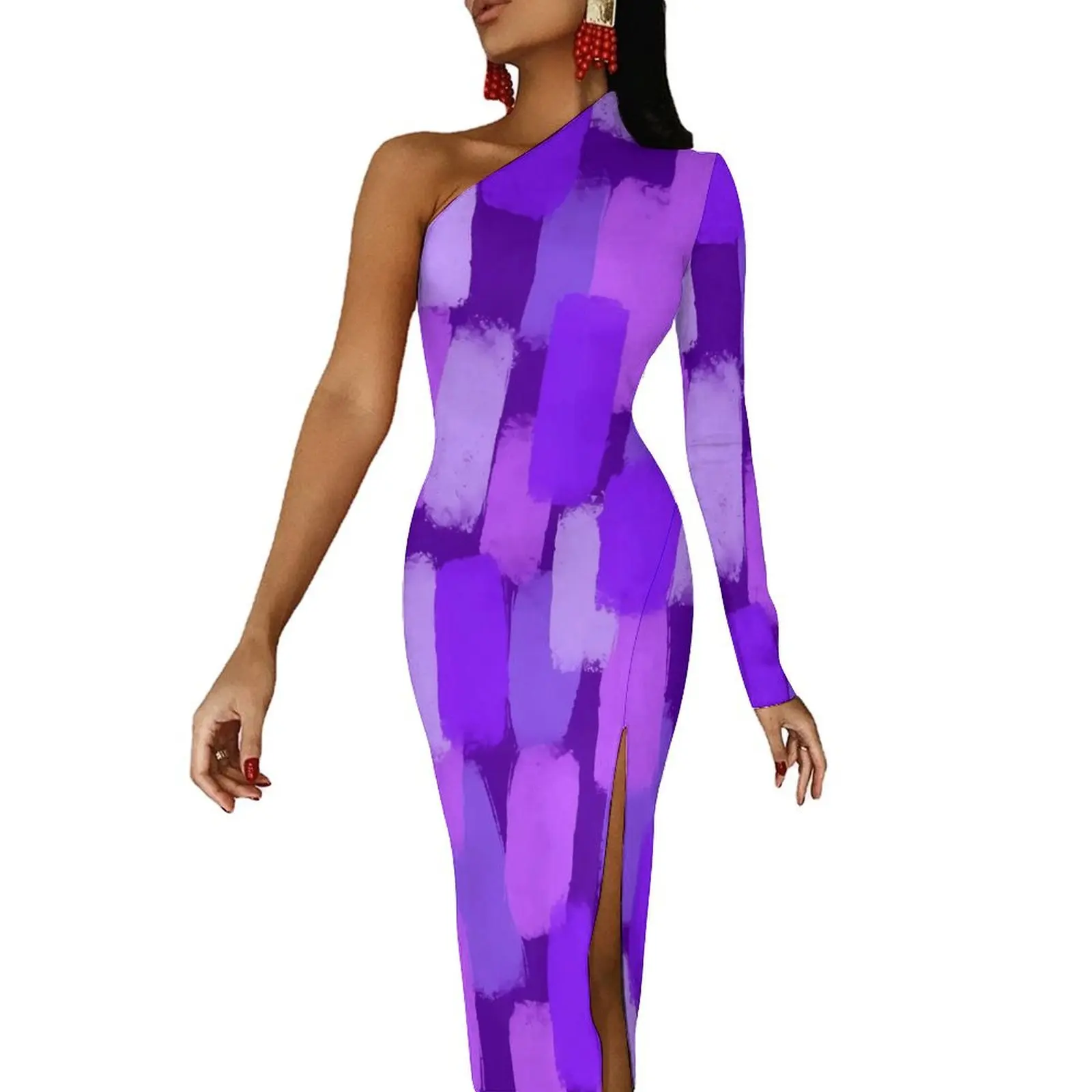 Purple Paint Brush Maxi Dress One Shoulder Abstract Art Cute Bodycon Dress Spring Party Long Dresses Women Graphic Vestidos