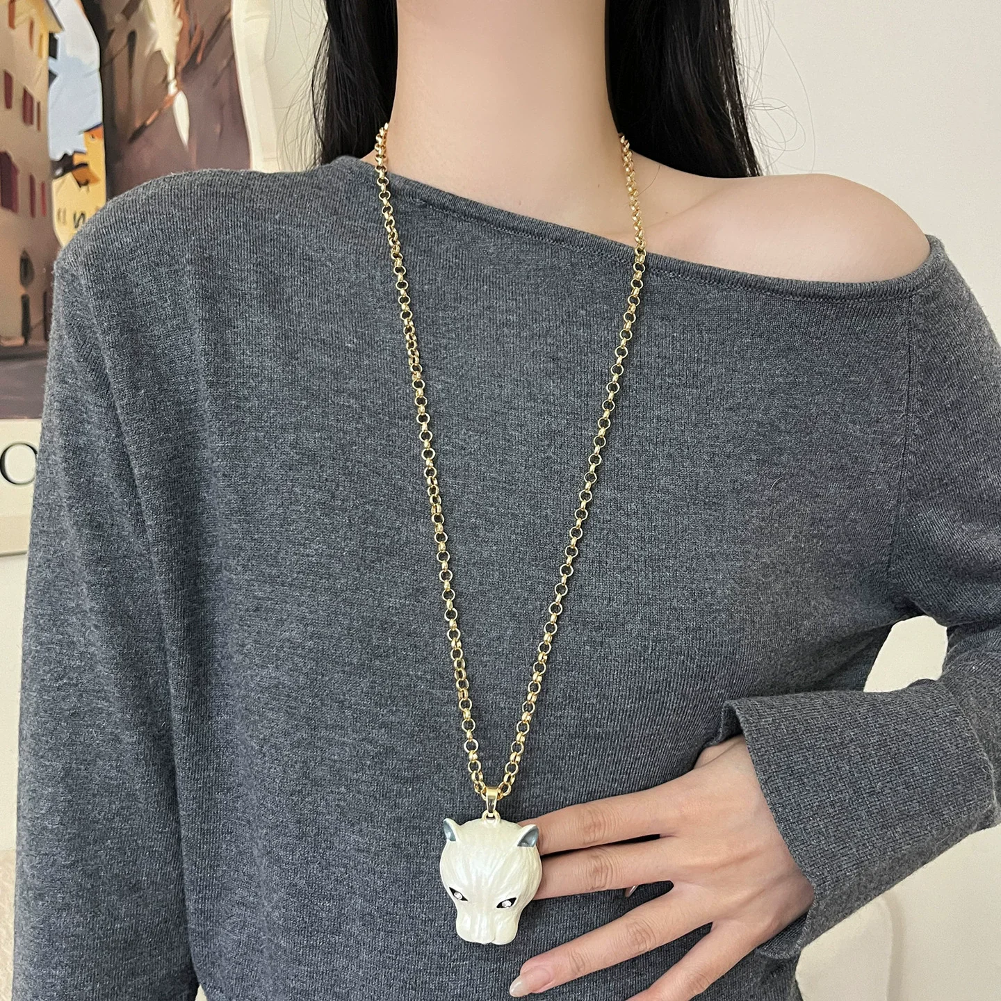 Kashmir Vintage Exaggerated Enamel Leopard Head Metal Pendant Necklace for Women Link Chain Long Sweater Chain Fashion Accessory
