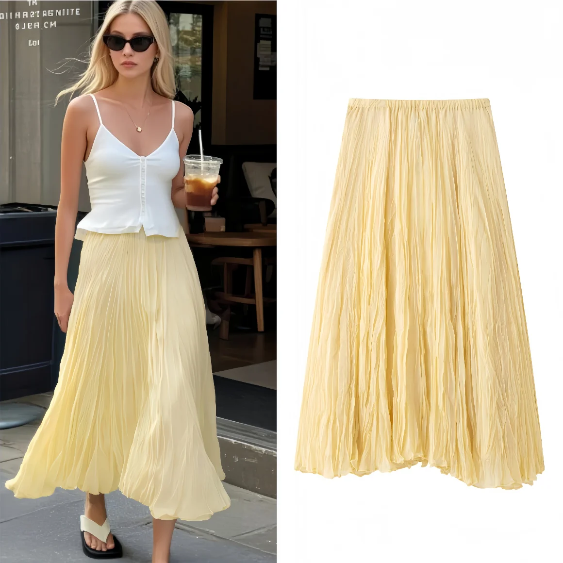 

Taop&Za2025 New Arrivals Women's midi skirt, elastic waist, soft pleated fabric, asymmetrical hem design