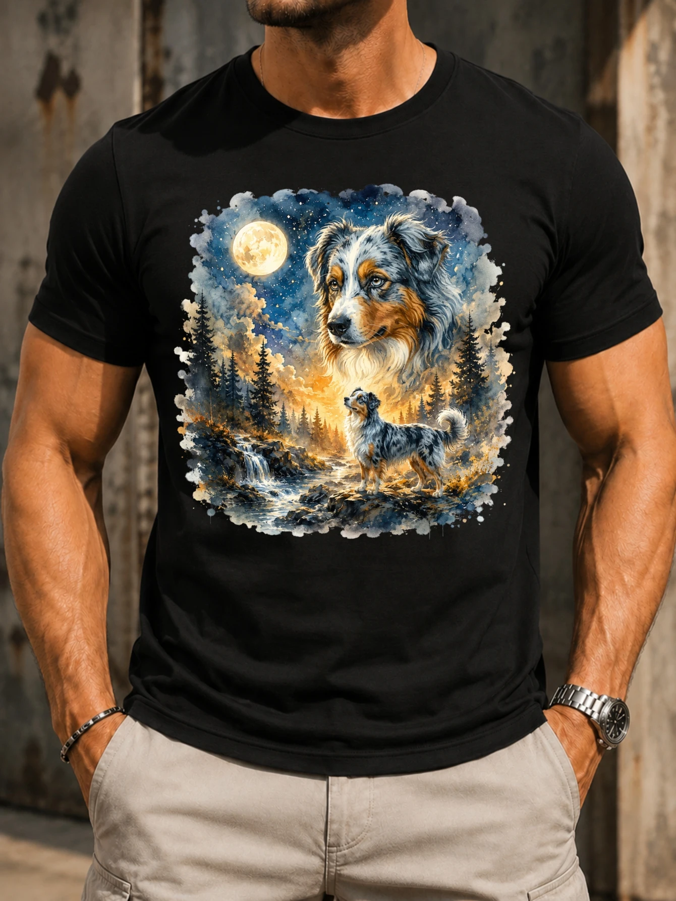 Dog moon landse watercolor border Australian shepherd portrait forest waterfall and glowing full  Unisex All T-Shirt