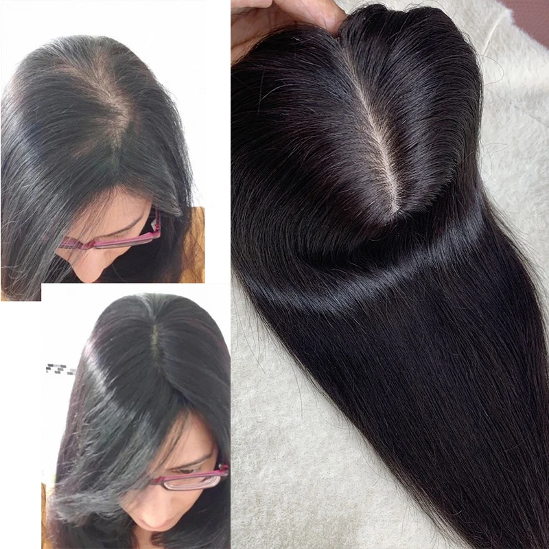 Breathable Silk Base Human Hair Topper With 4 Clips In Silk Top Virgin European Hair Toupee for Women Fine Hairpiece 15X17CM