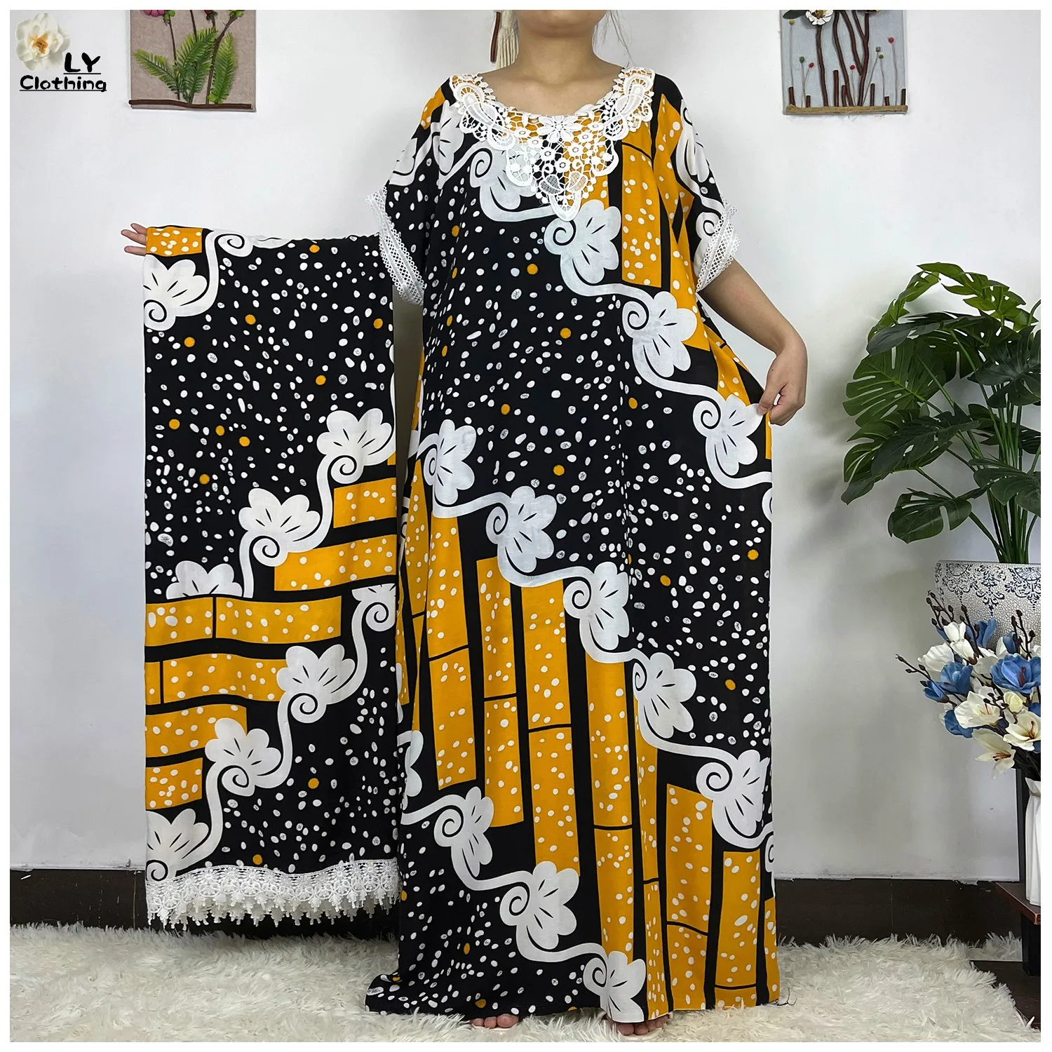 African New FashionPrinted Cotton Musilm Loose Femme Robe Tassel Sleeve Dress Paired With a Large Scarf Summer Casual Clothes