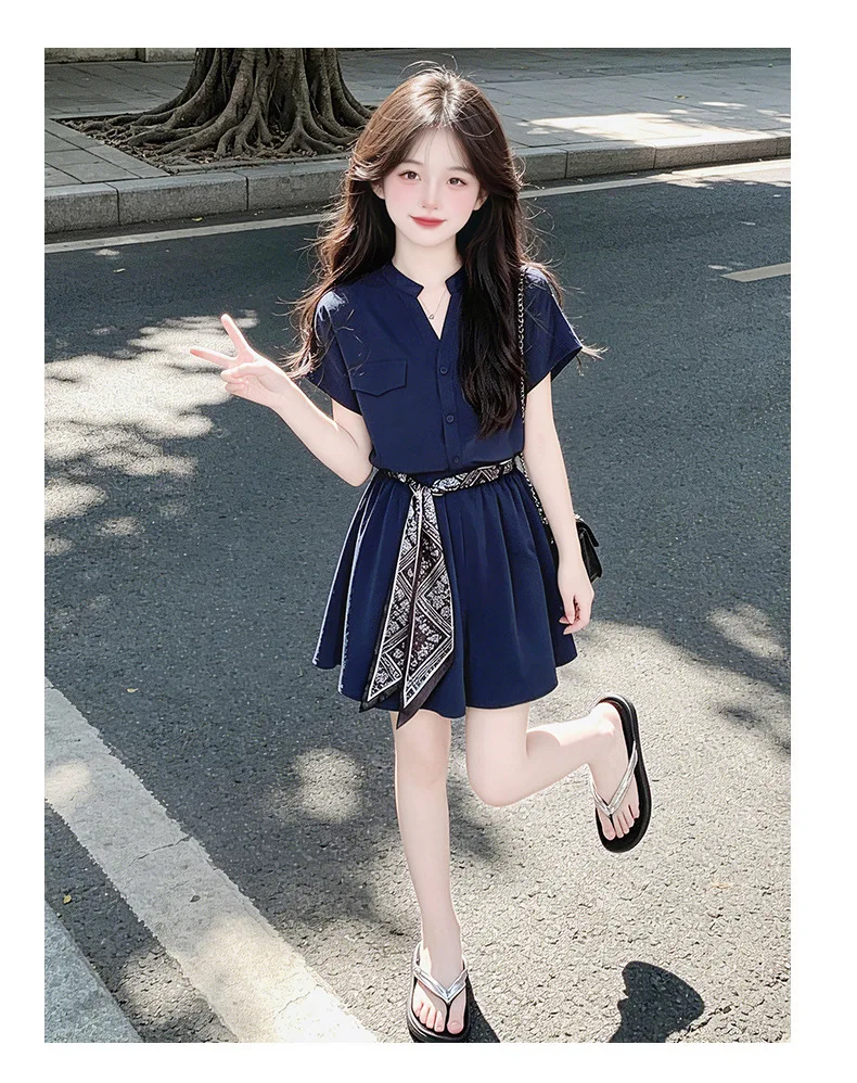 Girls' Chiffon Set Summer New Style 4-14 Year Old Korean V-neck Shirt T-shirt Three Leg Pants Shorts Two Piece Set 6