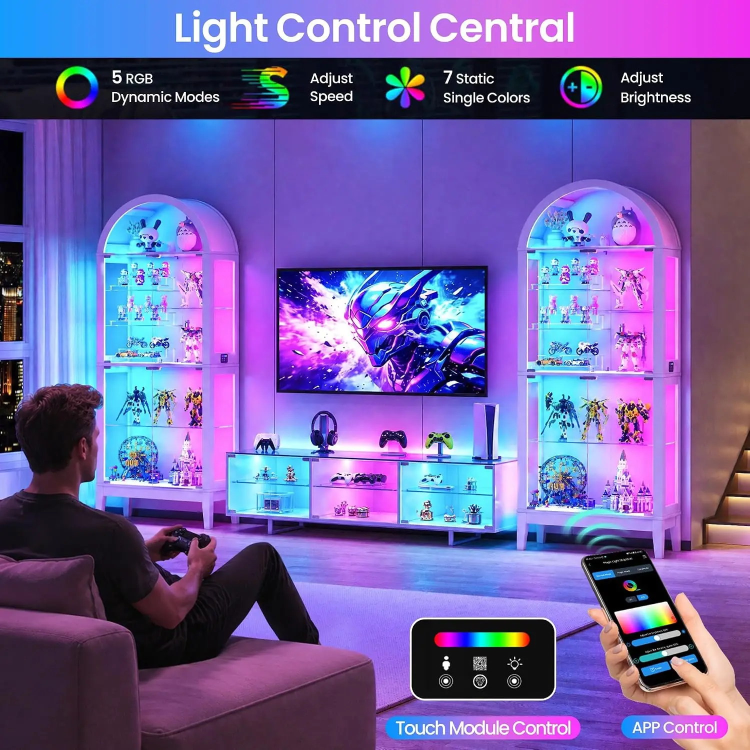 Curio Cabinet with Glass Doors & RGB Lights with APP Control, White