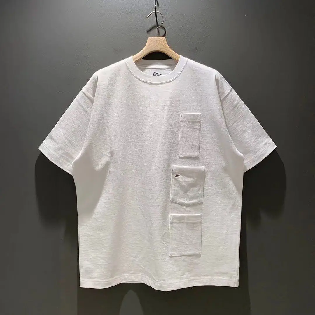 BEAMS Men Japanese Style Multi Pocket TShirt Summer Cotton Oversized Short Sleeve Tees Unisex Casual Streetwear Solid Color Tops