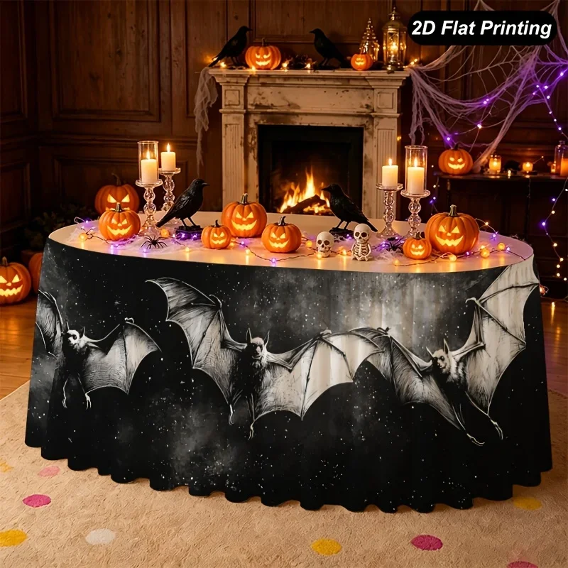 【】 1pc Halloween table skirt, with bats flying over a dark background adorned with stars, yzb