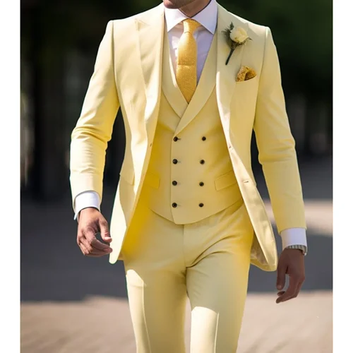 Imagen 1 del producto Trajes de 3 piezas de color amarillo claro para hombre, chaqueta, pantalones, chaleco, trajes de novio de boda, trajes masculinos para fiesta de cena de negocios