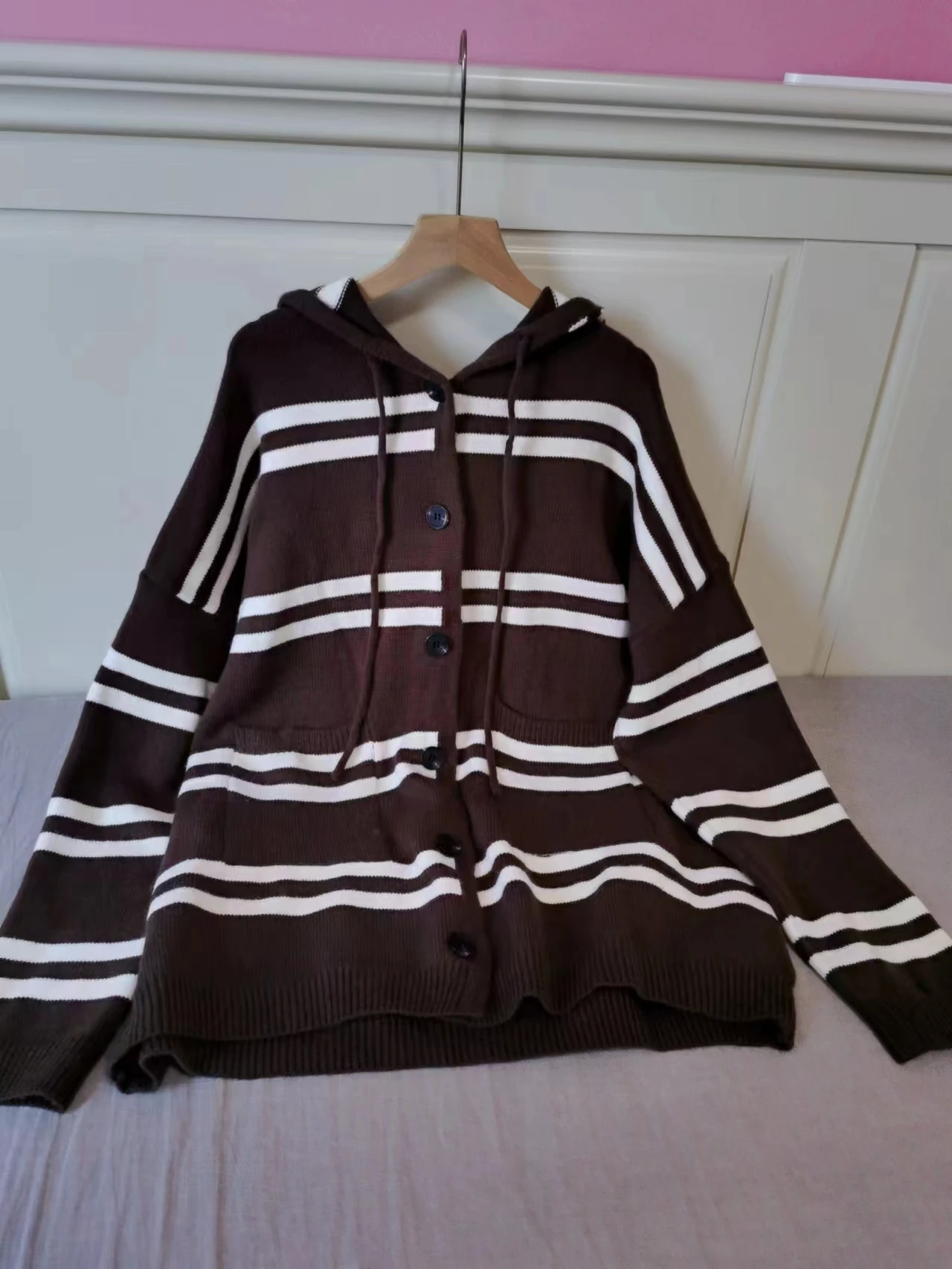 

Striped Hooded Knitted Cardigan Women Long Sleeve Loose Casual Sweater Jacket Korean Autumn Winter Button Pocket Tops F216