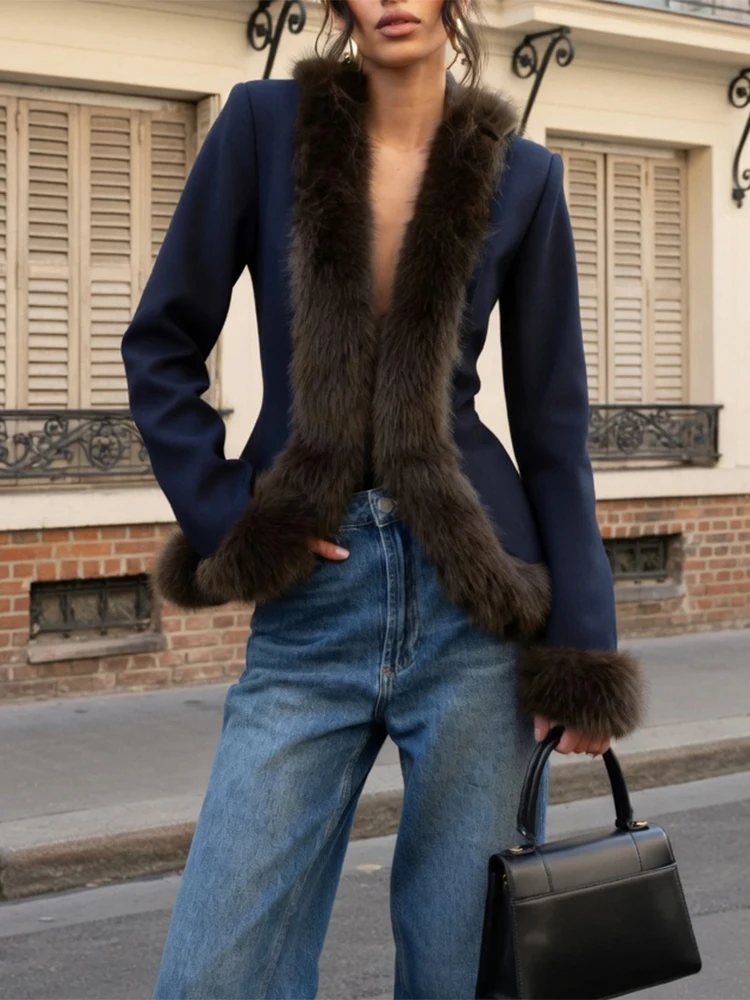 Women's Fur Patchwork Skirt Suit Retro Slim Long-Sleeved Coat Mini Skirt 2-Piece Set Autumn Winter Commuting Jacket Set 2026