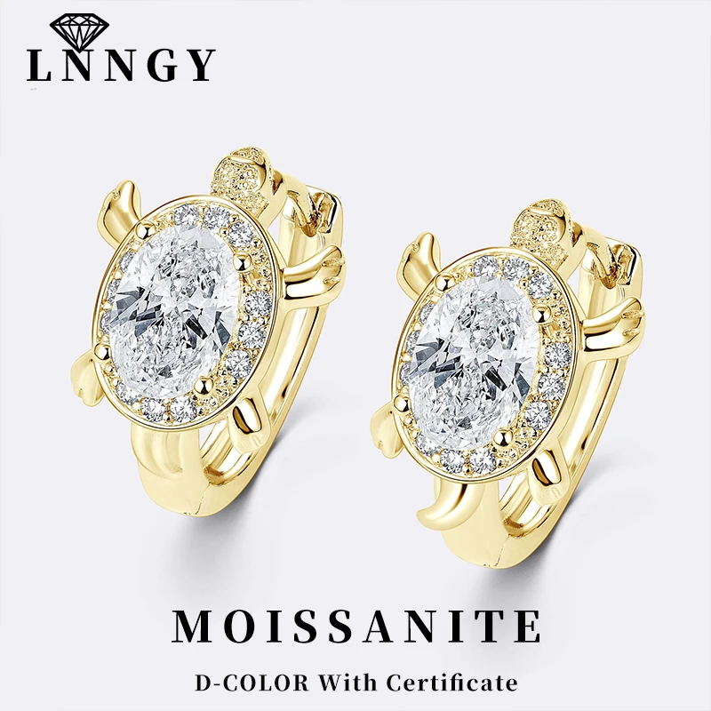 Lnngy Certified 5x7mm Oval Cut Moissanite Huggies Earring For Women Cute Cartoon Turtle-Shaped Earrings Pendientes Brincos
