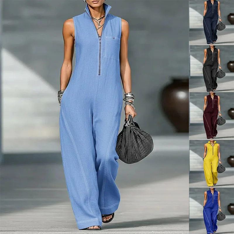 Ladies Casual Sleeveless Half Zip Jumpsuit Relaxed Wide Leg Contrast Stitch Romper Vacation Holiday Wear