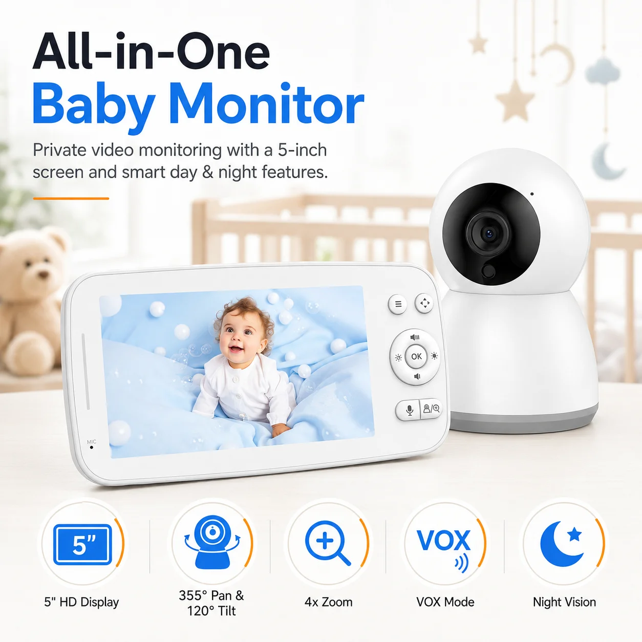 Blossom 5 Inch FHSS Video Baby Monitor 355°Pan 120°Tilt 4X Zoom VOX Mode 2‑Way Talk Night Vision Support 2 Cameras Split‑Screen
